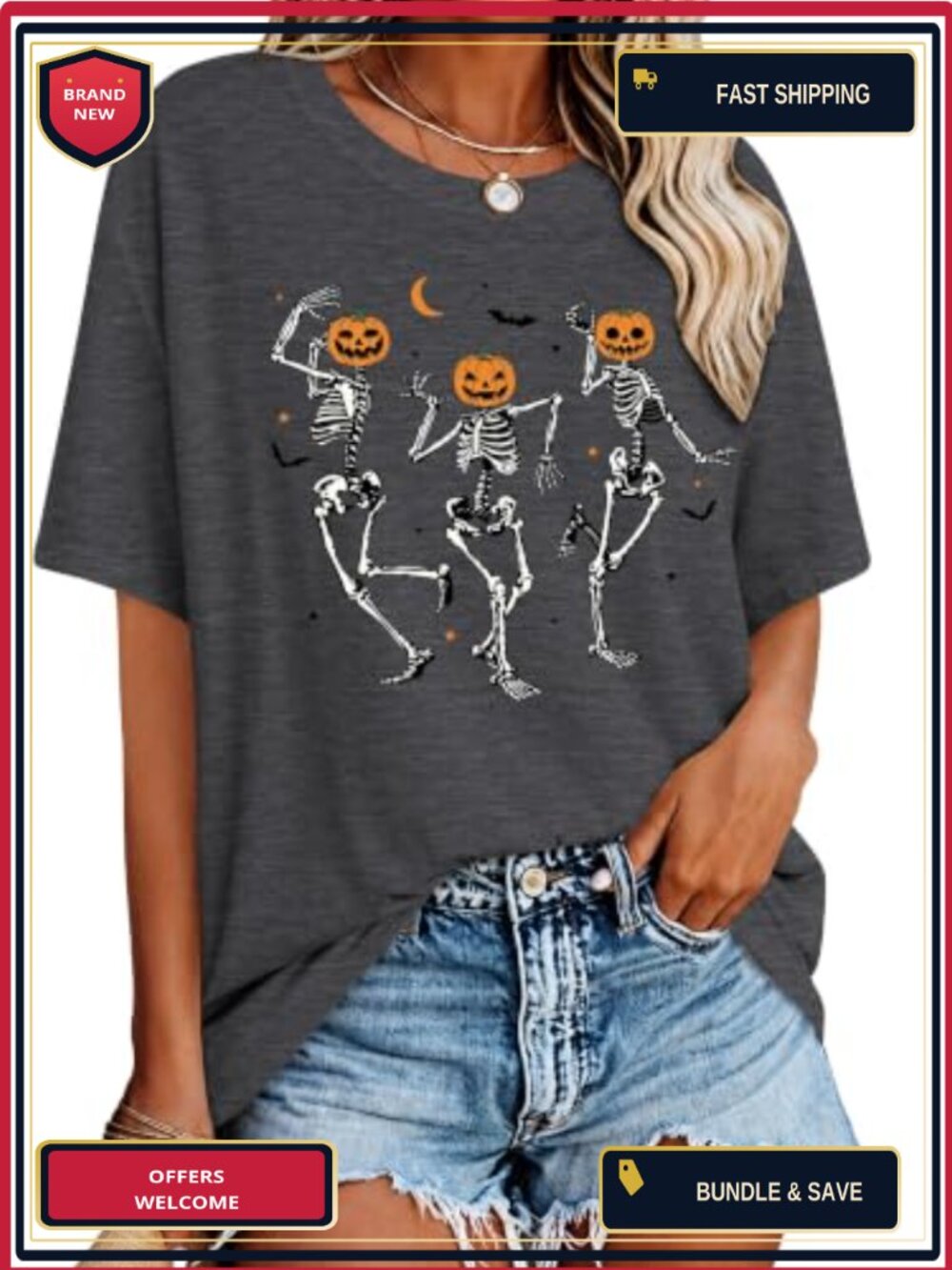 Women's Oversized Halloween Graphic Tee Crew Neck Short Sleeve Pullover